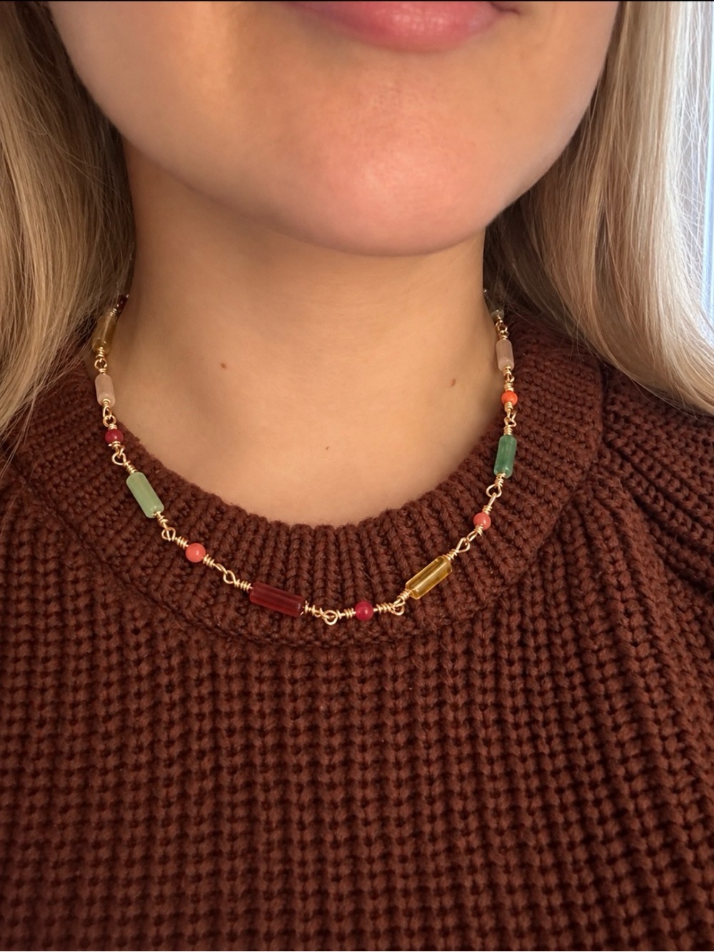 Handmade one of a kind Gold Chain Necklace with Multicolor Beads - Women Jewelry